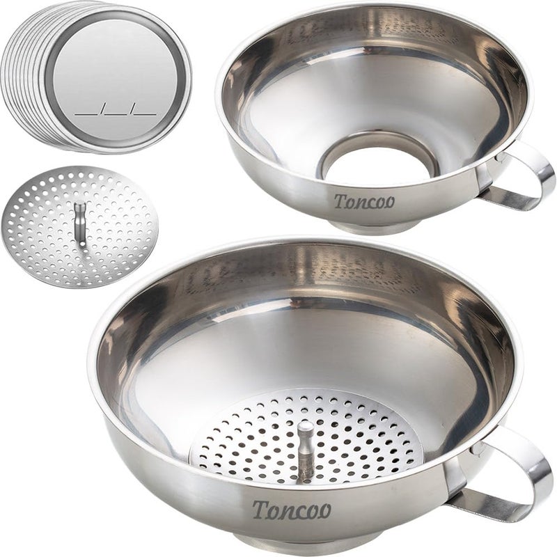 Toncoo 2pcs Canning Funnels for Filling Mason Jars with Strainer, Food Grade Stainless Steel Funnels for Kitchen Use, Metal Wide Mouth Funnel for Mason Jar - Image 1