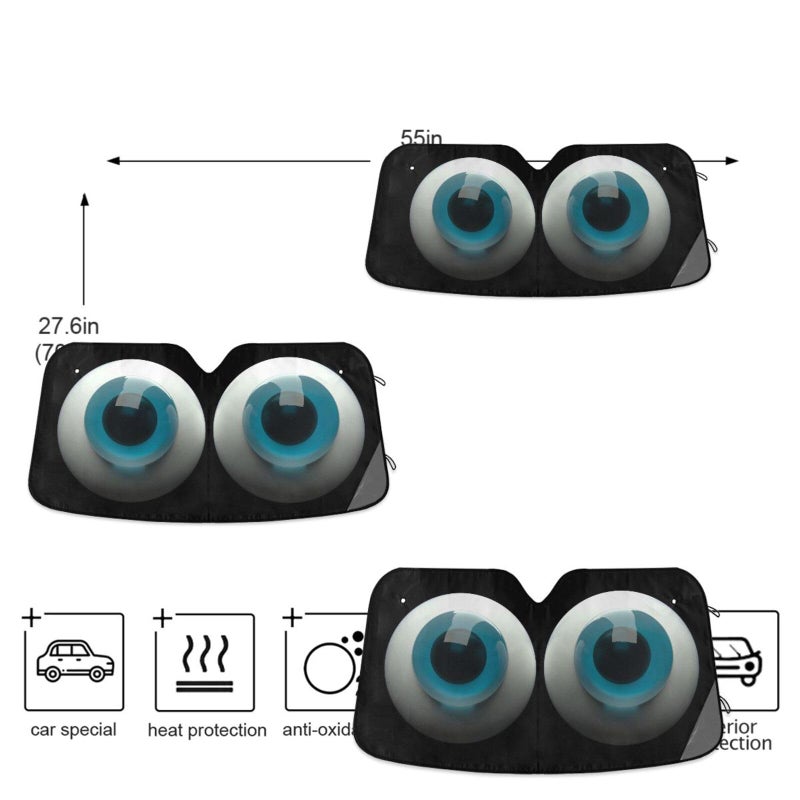 Oarencol Cute Cartoon Blue Eyes Car Windshield Sun Shade Foldable UV Ray Sun Visor Protector Sunshade to Keep Your Vehicle Cool (55" x 27.6") - Image 4