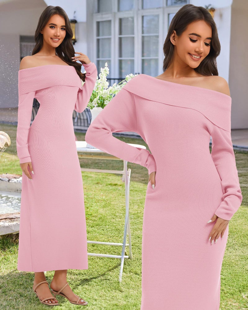 Simlakey Women's Off Shoulder Bodycon Sweater Dress Long Sleeve Fall Maxi Dress Elegant Cocktail Party Long Dresses(Pink,Small) - Image 2