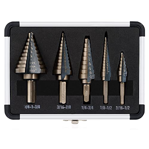 ZELCAN Step Drill Bits, HSS 5PCS Titanium Step Drill Bit Set, 50 Sizes in 5 High Speed Steel Unibit Drill Bits Set for Sheet Metal with Aluminum Case, Multiple Hole Stepped Up Bits for DIY Lovers - Image 1