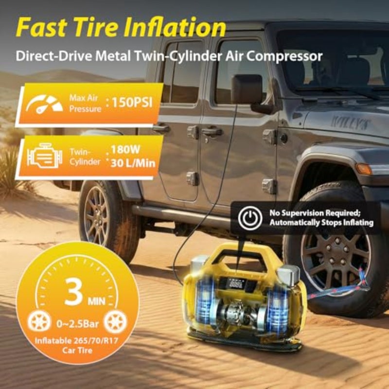 150PSI ضاغط هواء للسيارة مزود طاقة 12 فولت تيار مستمر 180 وات/30 لتر منفاخ إطارات مع محركات معدنية مزدوجة وشاشة كشف ضغط الإطارات الرقمية وإيقاف تلقائي وإضاءة LED لسيارات الدفع الرباعي والشاحنات والسيارات والدراجات والكرة - Image 2