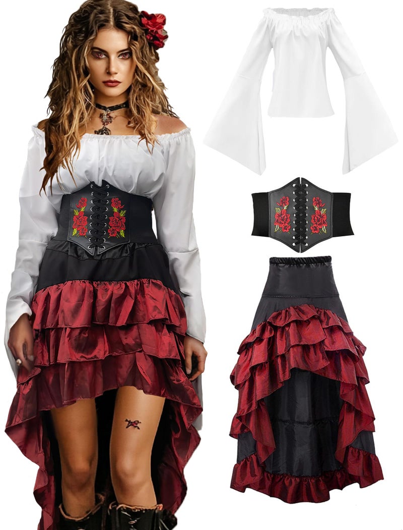 Verceco Pirate Costume Women Outfit with Renaissance Pirate Shirt Skirt Corset Waist Belt Womens Halloween Pirate Costumes (White+Red, M) - Image 1