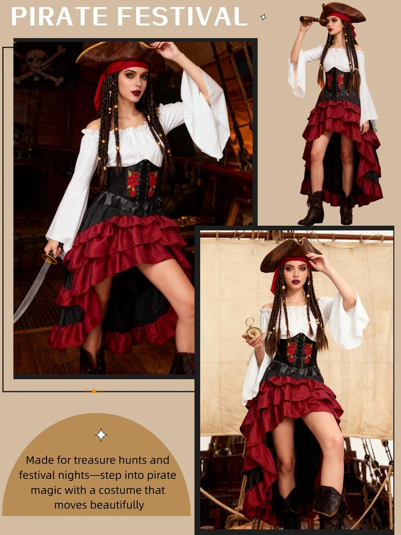 Verceco Pirate Costume Women Outfit with Renaissance Pirate Shirt Skirt Corset Waist Belt Womens Halloween Pirate Costumes (White+Red, M) - Image 3