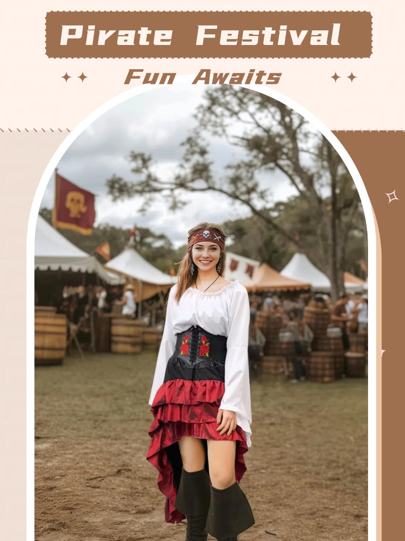 Verceco Pirate Costume Women Outfit with Renaissance Pirate Shirt Skirt Corset Waist Belt Womens Halloween Pirate Costumes (White+Red, M) - Image 4