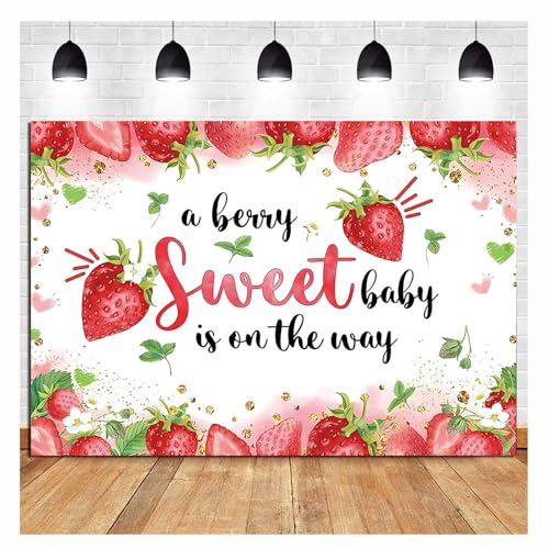 HQM Strawberry Baby Shower Photo Banner Strawberry Girl Baby Shower Newborn Party Decorations Photography Backdrop 71x47.2 in A Berry Sweet Baby is On The Way Background Cake Table Supplies - Image 2