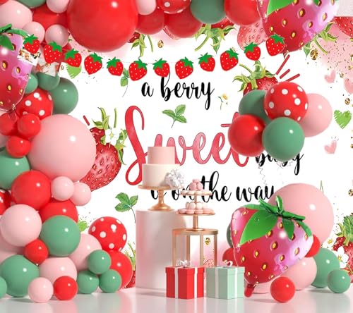 HQM Strawberry Baby Shower Photo Banner Strawberry Girl Baby Shower Newborn Party Decorations Photography Backdrop 71x47.2 in A Berry Sweet Baby is On The Way Background Cake Table Supplies - Image 3
