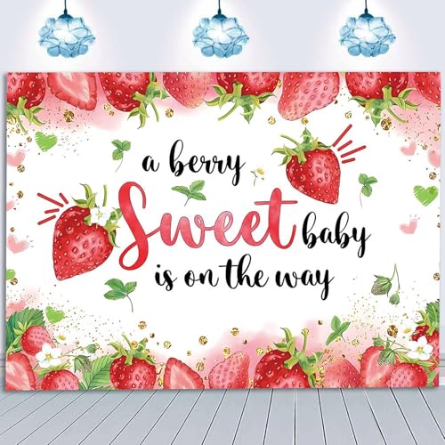 HQM Strawberry Baby Shower Photo Banner Strawberry Girl Baby Shower Newborn Party Decorations Photography Backdrop 71x47.2 in A Berry Sweet Baby is On The Way Background Cake Table Supplies - Image 4