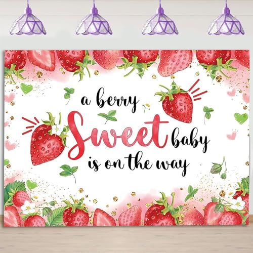 HQM Strawberry Baby Shower Photo Banner Strawberry Girl Baby Shower Newborn Party Decorations Photography Backdrop 71x47.2 in A Berry Sweet Baby is On The Way Background Cake Table Supplies - Image 5