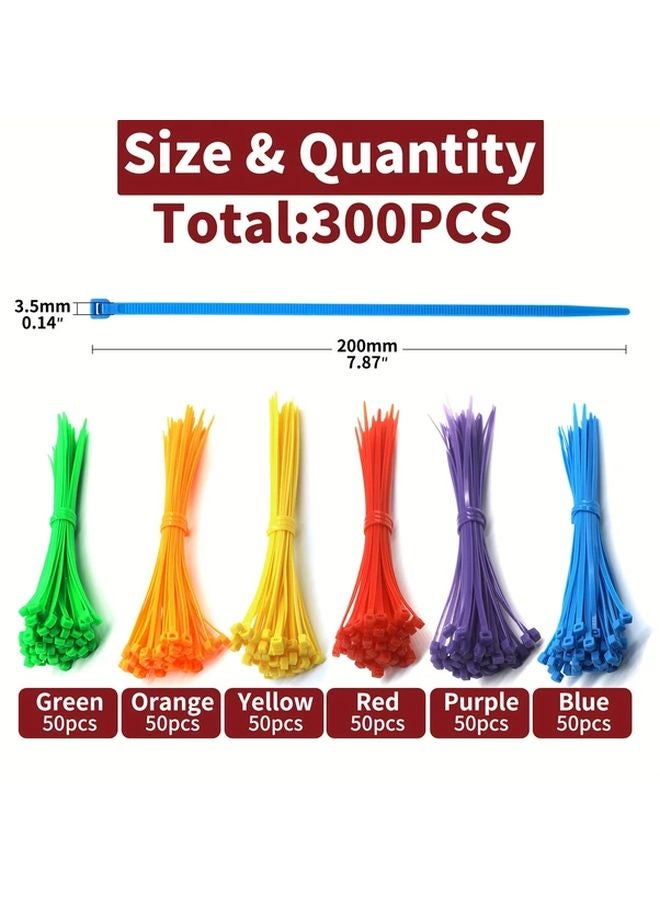 300pcs Nylon Zip Ties 8 Inch 50 Lbs Tensile Strength 6 Colors Multi Purpose Cable Wraps - Image 4