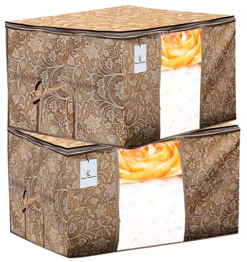 Kuber Industries Metalic Printed 2 Pieces Non Woven Fabric Underbed Storage Bag Cloth Organiser Blanket Cover with Transparent Window BeigeKUBMART2907 - Image 1