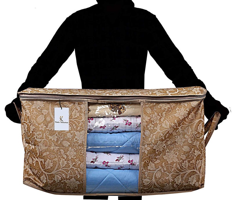 Kuber Industries Metalic Printed 2 Pieces Non Woven Fabric Underbed Storage Bag Cloth Organiser Blanket Cover with Transparent Window BeigeKUBMART2907 - Image 4
