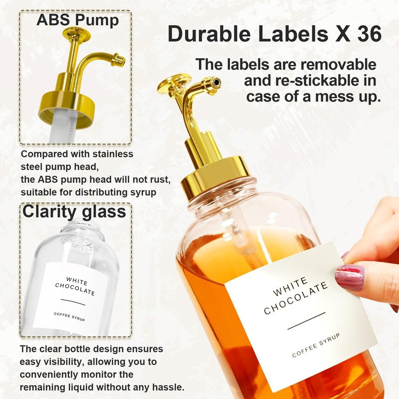 Techshare 2 Pack 16oz Glass Coffee Syrup Dispenser with Gold Pump, Elegant Coffee Bar Accessories with Labels, Reusable Syrup Bottles for Kitchen, Café & Home Decor - Image 2