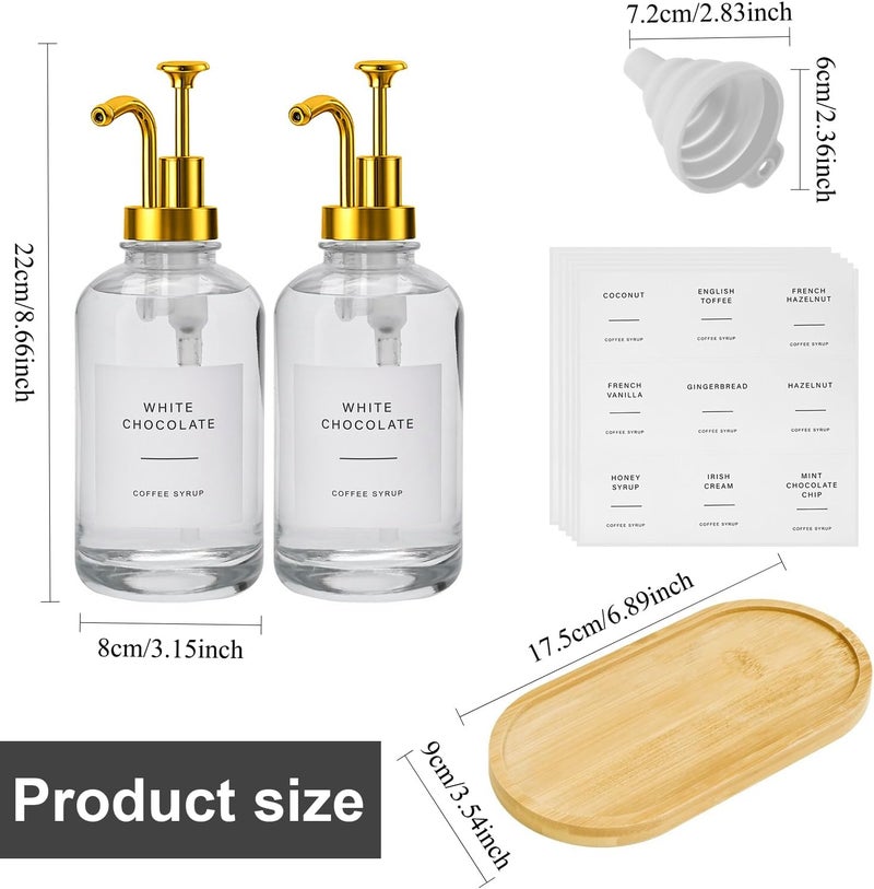 Techshare 2 Pack 16oz Glass Coffee Syrup Dispenser with Gold Pump, Elegant Coffee Bar Accessories with Labels, Reusable Syrup Bottles for Kitchen, Café & Home Decor - Image 3