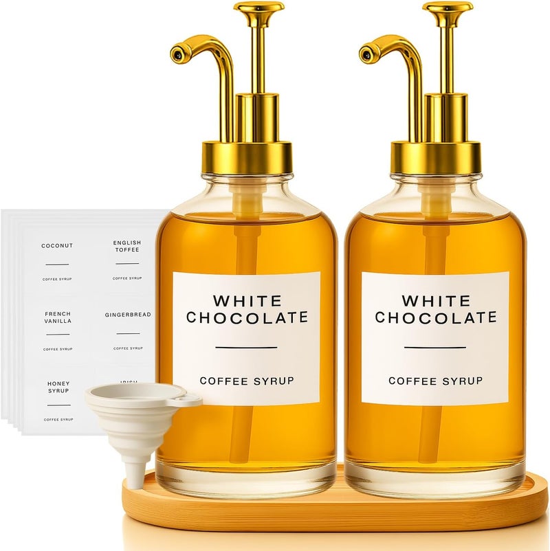 Techshare 2 Pack 16oz Glass Coffee Syrup Dispenser with Gold Pump, Elegant Coffee Bar Accessories with Labels, Reusable Syrup Bottles for Kitchen, Café & Home Decor - Image 1