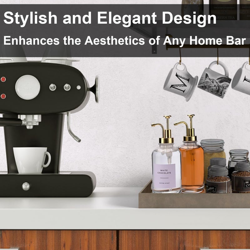 Techshare 2 Pack 16oz Glass Coffee Syrup Dispenser with Gold Pump, Elegant Coffee Bar Accessories with Labels, Reusable Syrup Bottles for Kitchen, Café & Home Decor - Image 4