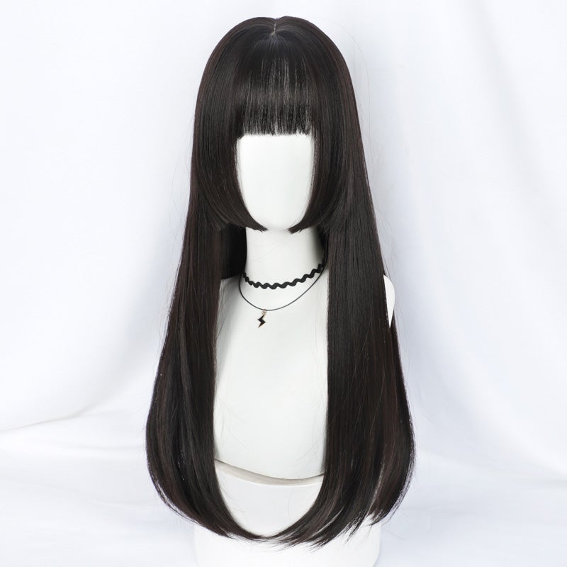 Generic Natural Long Straight Full Wig Black Creamy-white