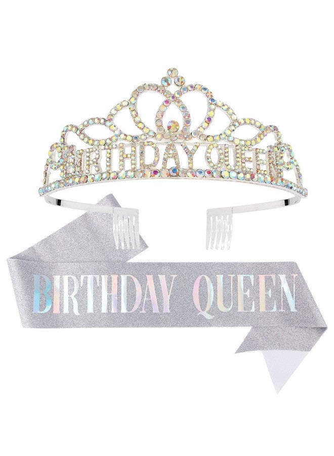 Cavetee Ab Silver Birthday Crowns For Women Birthday Queen Sash And Tiara For Women Silver Birthday Party Decorations For Women Birthday Sash And Crown For Women - Image 1