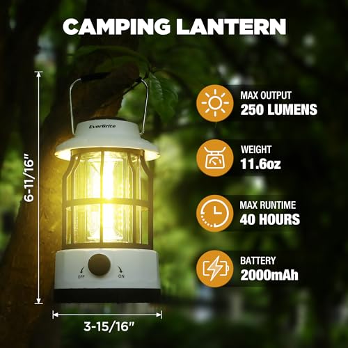 EverBrite LED Camping Lantern, USB C Rechargeable with Stepless Dimming, Vintage Portable Camping Lights & Lanterns for Power Outages, Hurricane, Emergency, Fishing, Home and More - Image 3