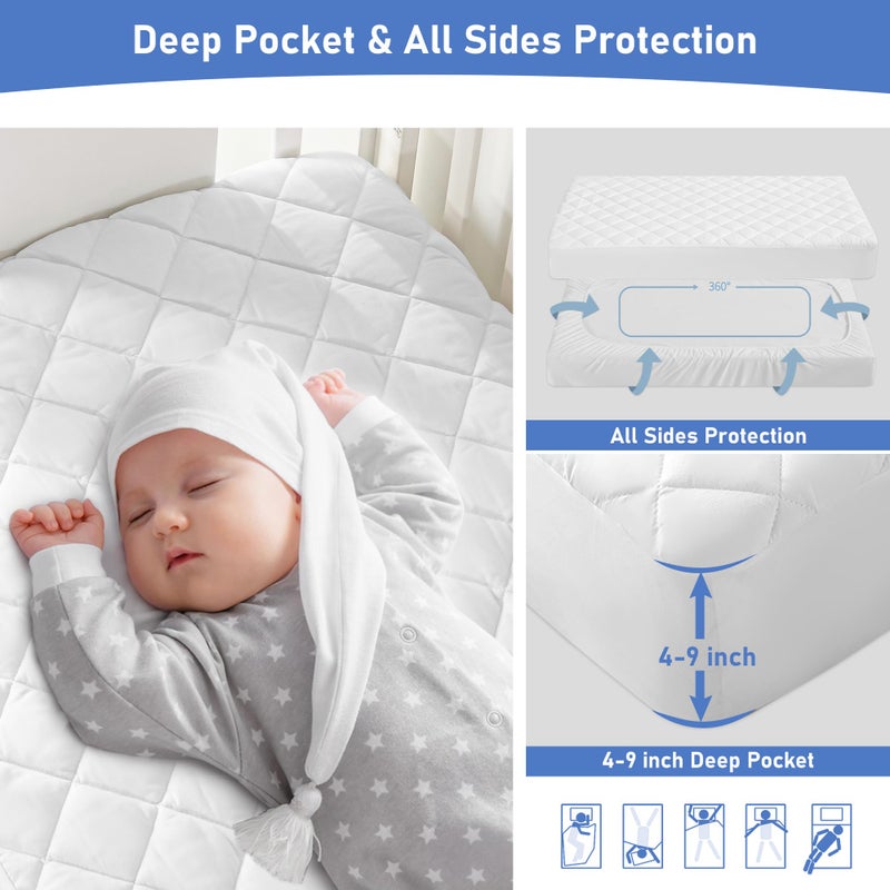 GRT 2 Pack Waterproof Crib Mattress Protector, Quilted Baby Mattress Cover Fitted Deep Pocket from 4" up to 9", Extra Soft Breathable & Noiseless Toddler Mattress Pad 52"x28", White - Image 4