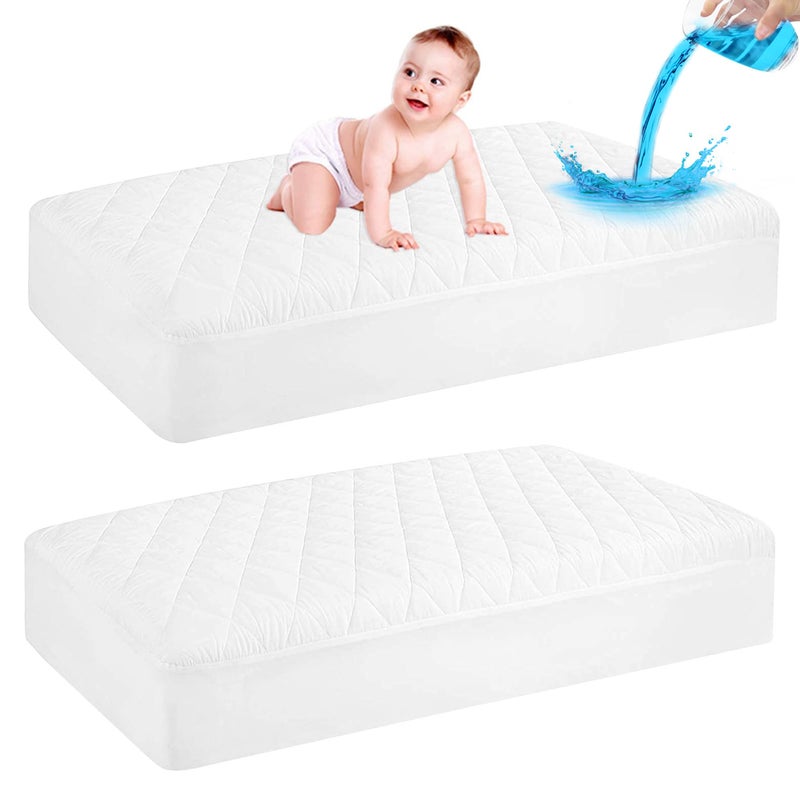 GRT 2 Pack Waterproof Crib Mattress Protector, Quilted Baby Mattress Cover Fitted Deep Pocket from 4" up to 9", Extra Soft Breathable & Noiseless Toddler Mattress Pad 52"x28", White - Image 1