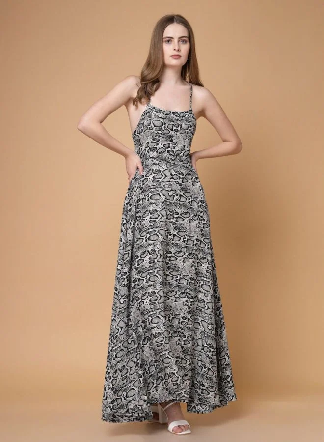 Women Fit and Flared Animal Printed Square Neck Sleeveless Maxi Dress