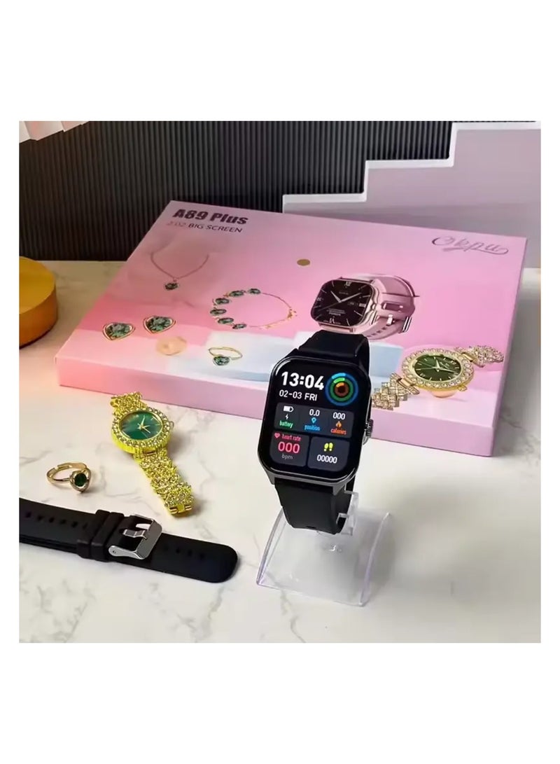 6 IN1 Smart Watch A89 Series Supports Bluetooth Call Ultra Long Endurance Sleep Monitoring + Additional Women's  Set Small Gold Watch Necklace Ring Earrings Bracelet Set Gift Box.  - Image 1