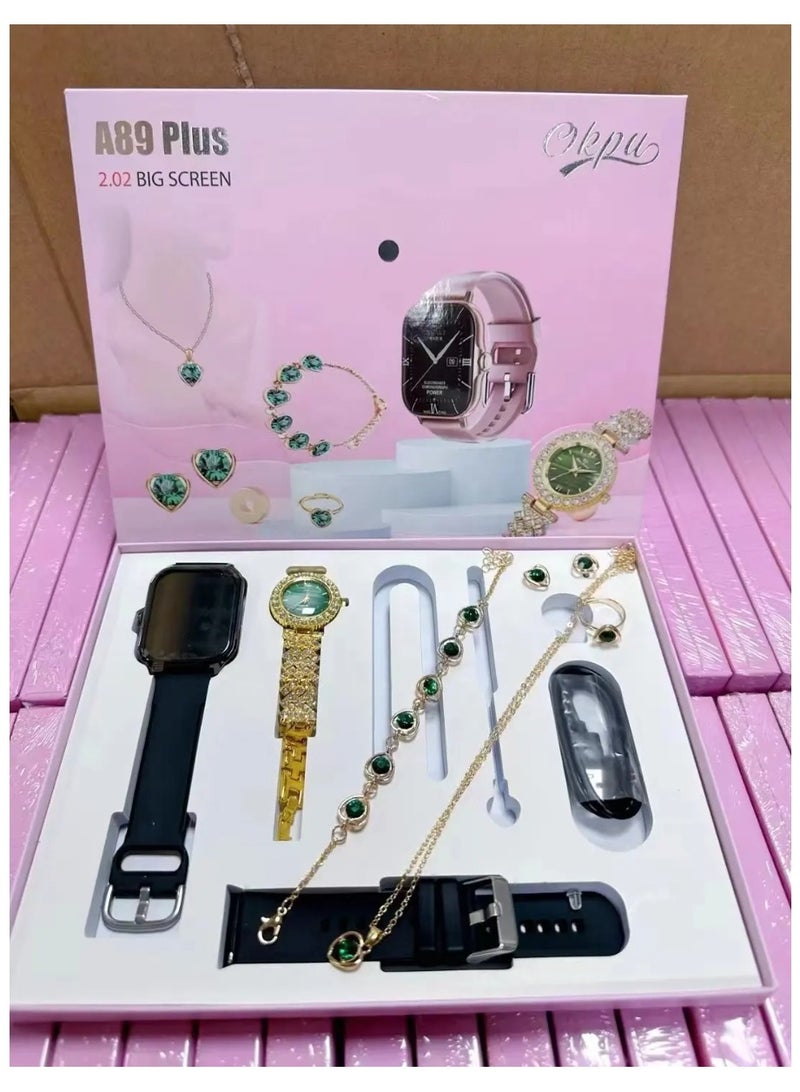6 IN1 Smart Watch A89 Series Supports Bluetooth Call Ultra Long Endurance Sleep Monitoring + Additional Women's  Set Small Gold Watch Necklace Ring Earrings Bracelet Set Gift Box.  - Image 2