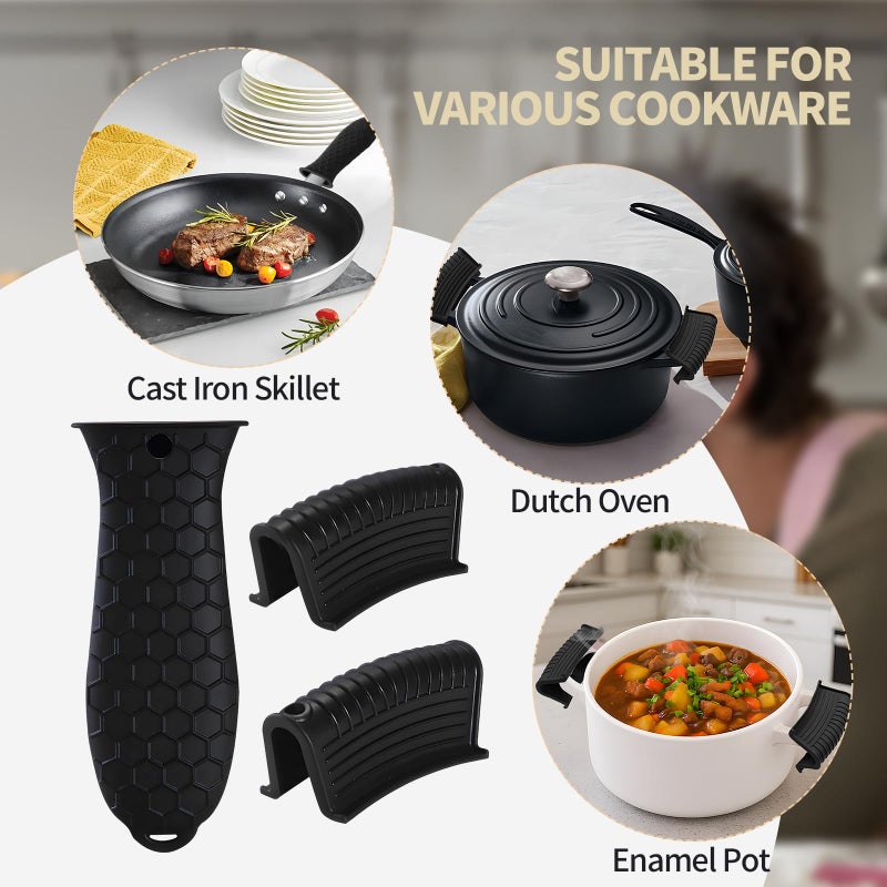 Creztail Cast Iron Skillet Handle Covers - 3 Pack Non-Slip Pot Handle Covers Potholder, Heat Resistant Silicone Pan Handle Sleeve for Cast Iron Skillet Metal Pan (Black) - Image 5