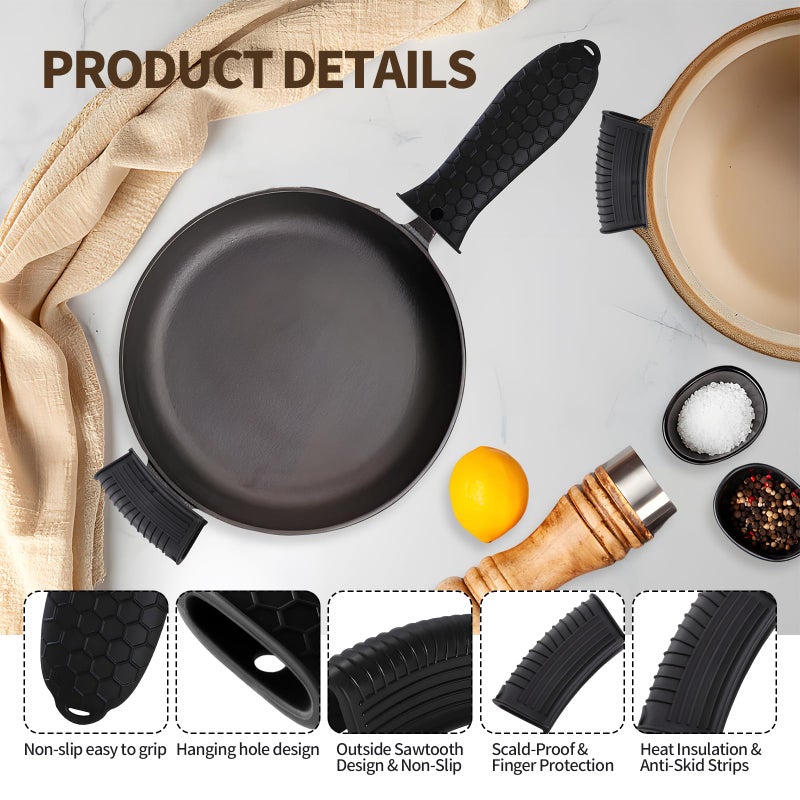 Creztail Cast Iron Skillet Handle Covers - 3 Pack Non-Slip Pot Handle Covers Potholder, Heat Resistant Silicone Pan Handle Sleeve for Cast Iron Skillet Metal Pan (Black) - Image 4