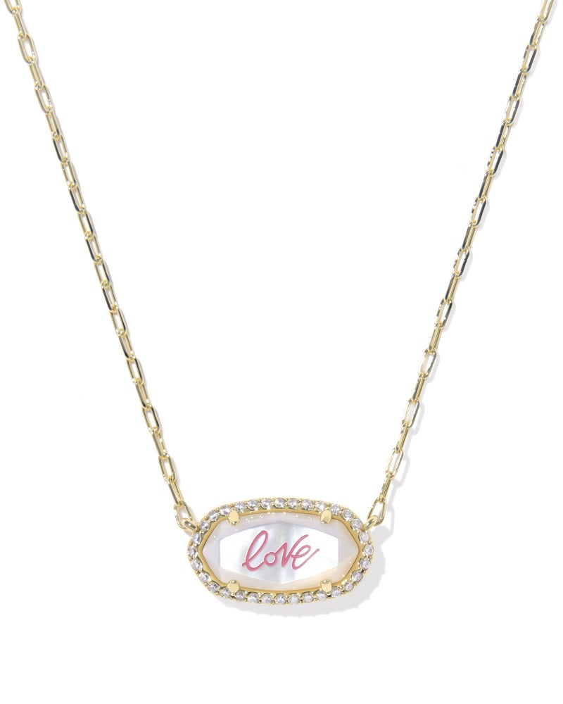 Kendra Scott Elisa Pave Frame Short Pendant Necklace, Ivory Mother Of Pearl Love Script, 14k Gold-Plated Brass, Fashion Jewelry for Women - Image 1