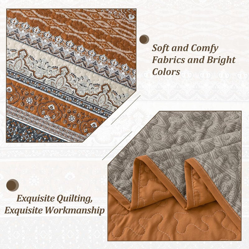 WONGS BEDDING مجموعة أغطية الأسرّة بأسلوب البوهو، حجم كوين، لون بني ورمادي، مجموعة أغطية أسرّة بأسلوب البوهو، غطاء سرير خفيف من القطن الميكروفيبر قابل للتحويل، مناسب لفصل الخريف، مقاس 96" × 90" (3 قطعة) - Image 5