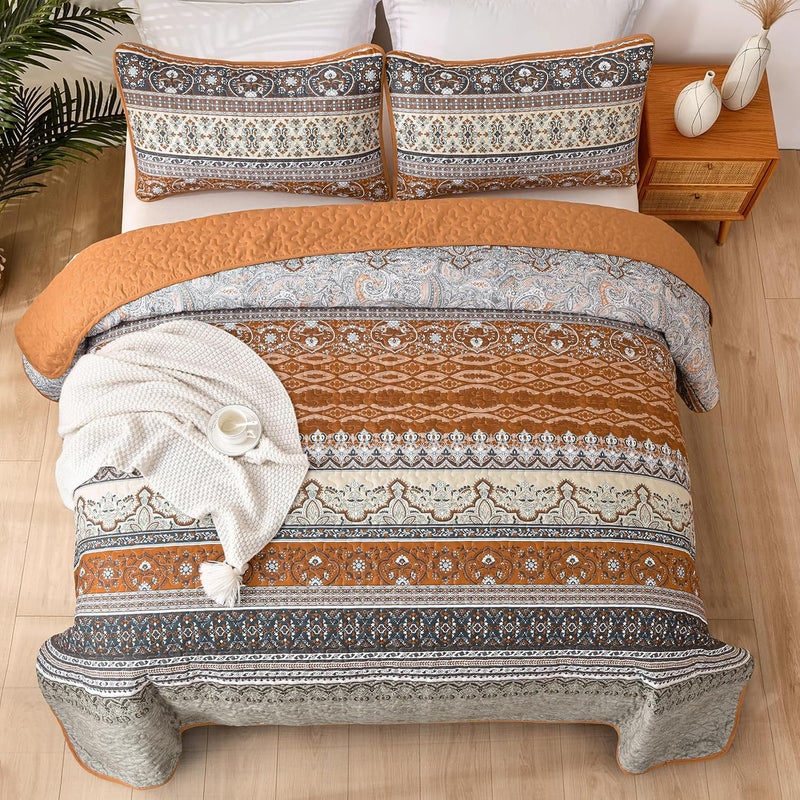WONGS BEDDING مجموعة أغطية الأسرّة بأسلوب البوهو، حجم كوين، لون بني ورمادي، مجموعة أغطية أسرّة بأسلوب البوهو، غطاء سرير خفيف من القطن الميكروفيبر قابل للتحويل، مناسب لفصل الخريف، مقاس 96" × 90" (3 قطعة) - Image 3