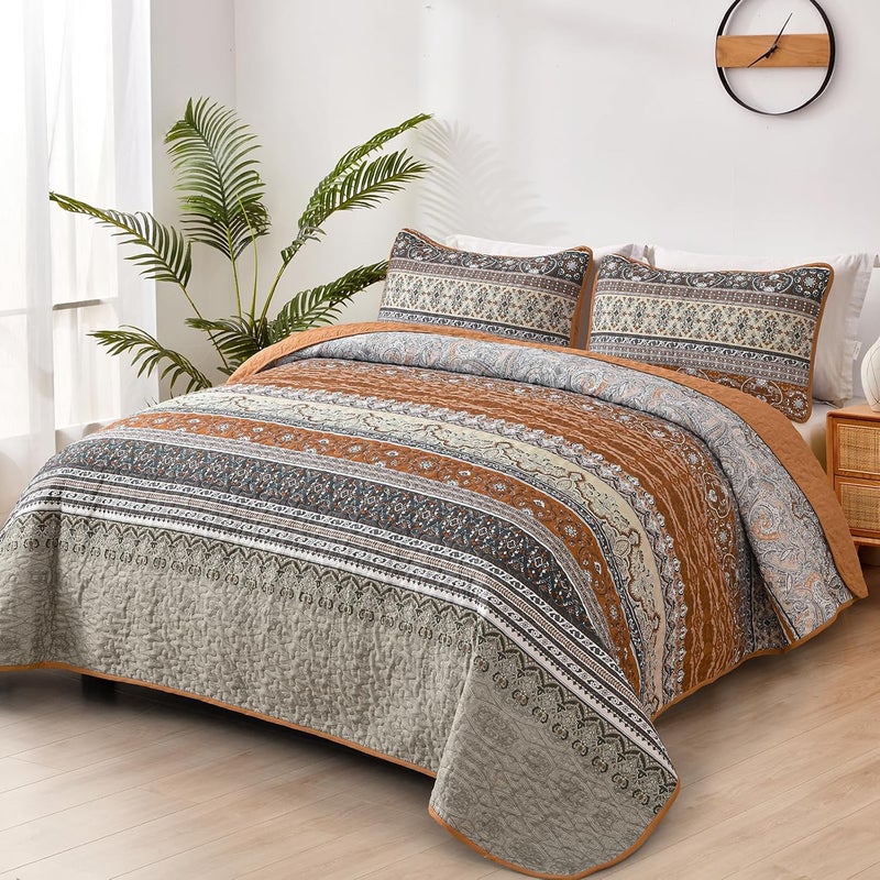 WONGS BEDDING مجموعة أغطية الأسرّة بأسلوب البوهو، حجم كوين، لون بني ورمادي، مجموعة أغطية أسرّة بأسلوب البوهو، غطاء سرير خفيف من القطن الميكروفيبر قابل للتحويل، مناسب لفصل الخريف، مقاس 96" × 90" (3 قطعة) - Image 2