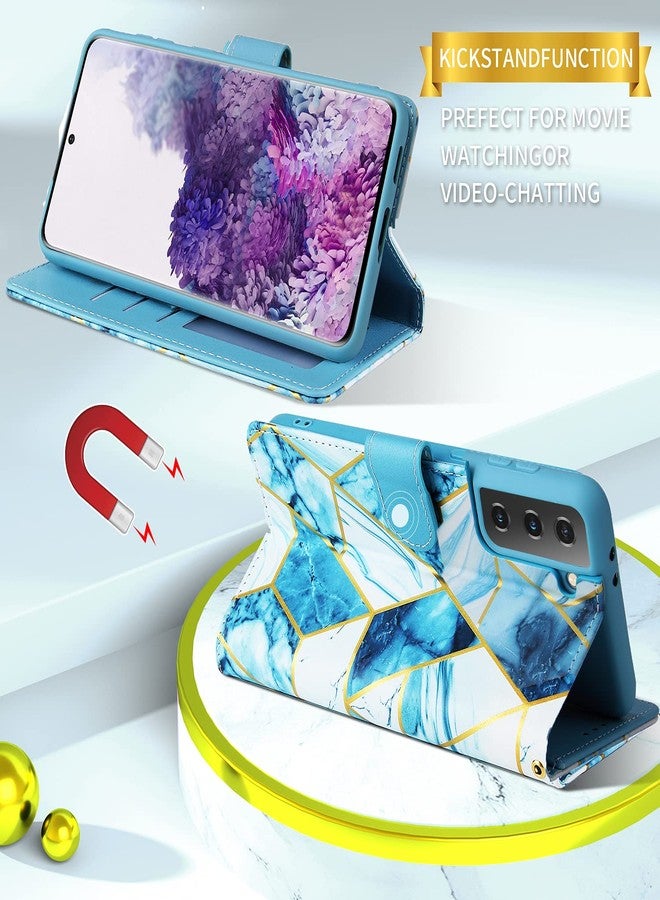 أسو ويش جراب محفظة متوافق مع سامسونج جالاكسي S22 5G من أسويش، مع واقي شاشة من الزجاج المقوى، وحامل بطاقات قابل للطي من الجلد، وحامل مدمج، وغطاء هاتف مزود بمسند، مناسب للرجال والنساء، باللون الأزرق. - Image 4