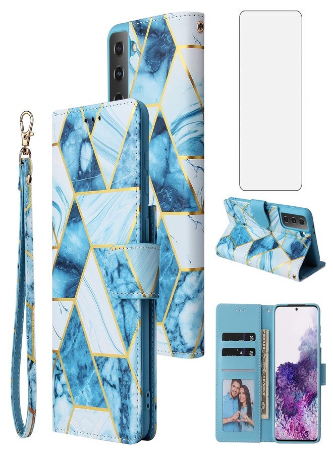 أسو ويش جراب محفظة متوافق مع سامسونج جالاكسي S22 5G من أسويش، مع واقي شاشة من الزجاج المقوى، وحامل بطاقات قابل للطي من الجلد، وحامل مدمج، وغطاء هاتف مزود بمسند، مناسب للرجال والنساء، باللون الأزرق. - Image 1