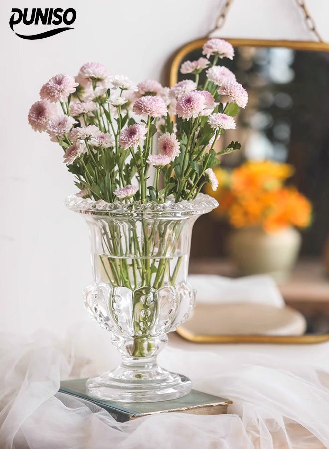 DUNISO Embossed Glass Vase，Crystal Glass Ribbed Footed Flower Vase，Ribbed Decorative Vases for Home Decor，Clear Pedestal Vases for Centrepieces Wedding Birthday Anniversary Events Table Décor  - Image 1