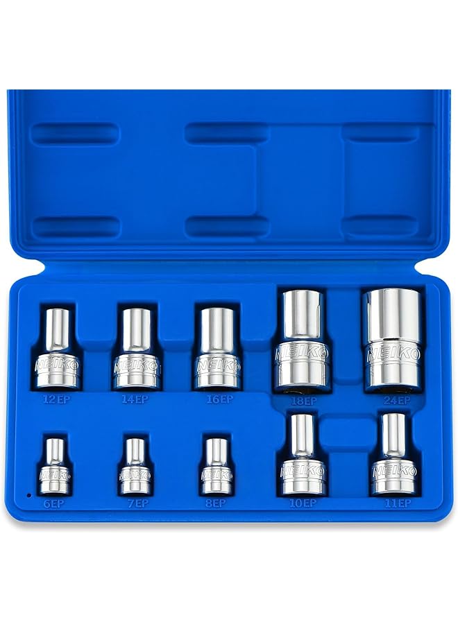 نيكو 02473A E Torx Plus مجموعة مقابس 10 قطع خارجية Ep6 إلى Ep24 1 4 "3 8" و1 2 بوصة محرك أنثى ستار خارجي Torx Plus Cr V Steel  - Image 1
