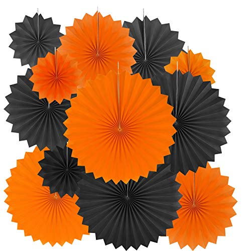 AKIO CRAFT Black Orange Party Hanging Paper Fans Decorations - Halloween Birthday Baby Shower Graduation Wedding Carnival Party Ceiling Hangings Photo Booth Backdrops Decorations, 12pc - Image 1