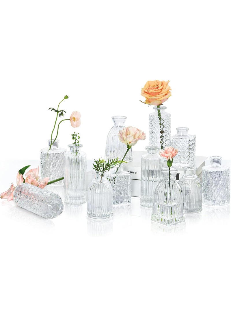Y&D طقم مزهريات زجاجية Y&D عدد 12، مزهريات صغيرة شفافة بالجملة، مزهرية زهور صغيرة لمراكز الزينة، زجاجة عتيقة لتزيين الطاولات، ديكور زفاف، استقبال، منزل (شفاف) - Image 1