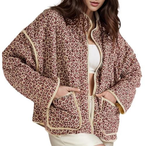 Yimoon Women's Cropped Puffer Quilted Jacket Vintage Floral Print Open Front Lightweight Short Jacket Outwear - Image 1