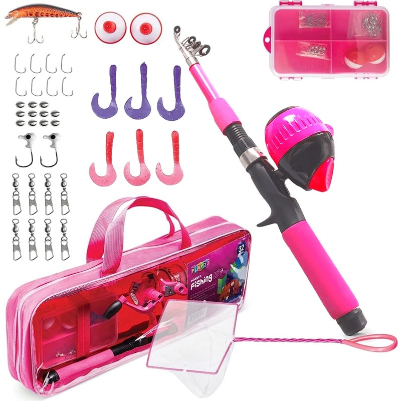 Play22 Kids Fishing Pole Pink - 40 Pc Kids Fishing Rod and Reel Combos - Fishing Poles for Youth Kids Includes Fishing Tackle, Fishing Gear, Fishing Lures, Net, Carry On Bag, Fully Fishing Equipment - Image 1