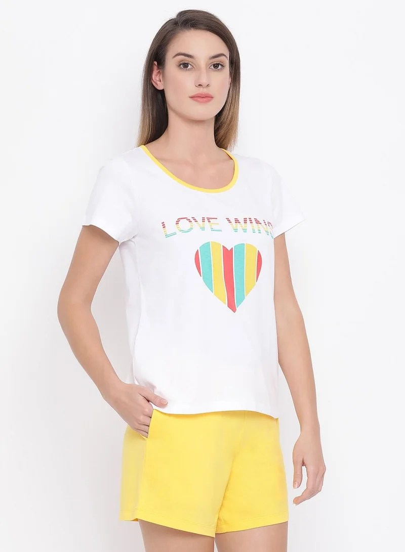 Clovia  Clovia Cotton Rich Heart Print Top And Shorts Set In White  | Best Price UAE