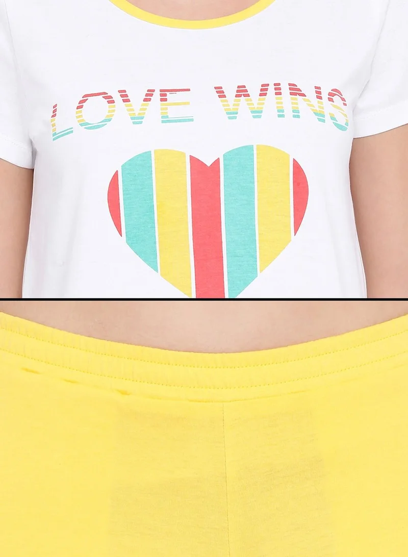 Clovia  Clovia Cotton Rich Heart Print Top And Shorts Set In White  | Best Price UAE