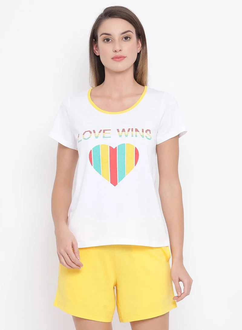 كلوفيا Clovia Cotton Rich Heart Print Top And Shorts Set In White