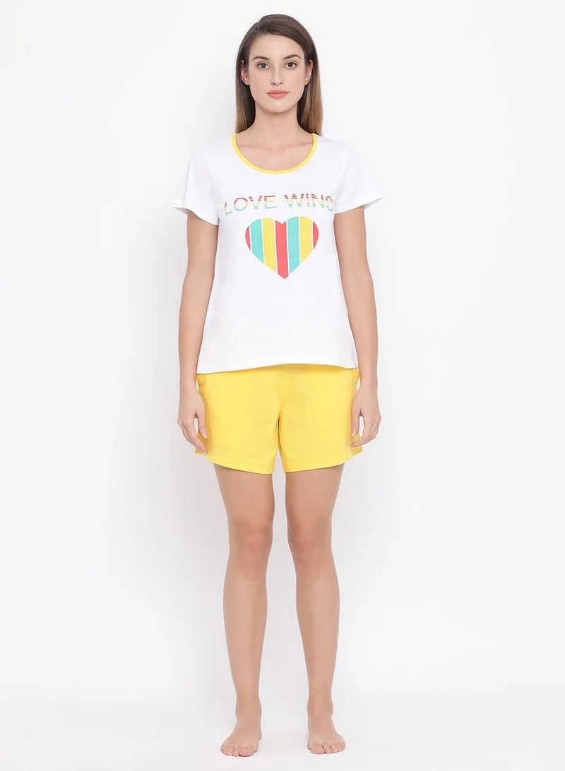 كلوفيا Clovia Cotton Rich Heart Print Top And Shorts Set In White