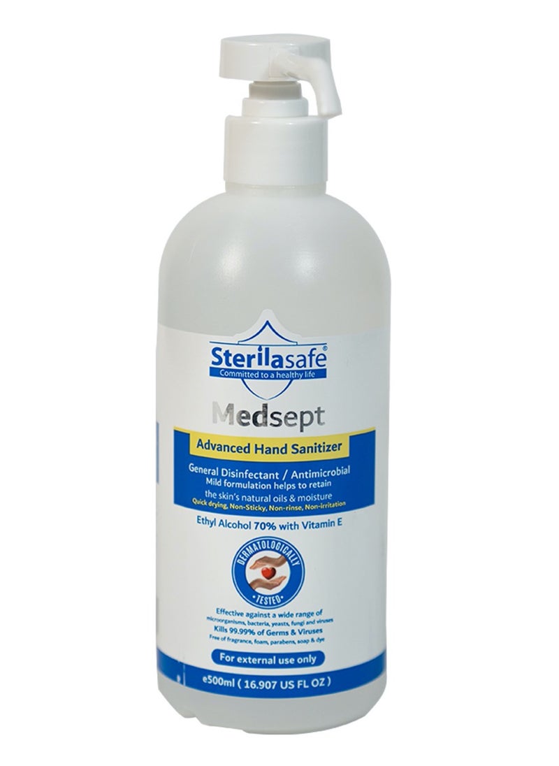 Sterilasafe Sterilasafe MedSept Advanced Hand Sanitizer Ethanol Alcohol Refreshing gel 70%, with Vitamin E, General disinfectant/antimicrobial, Personal Hygiene, 500 ML  - Image 1