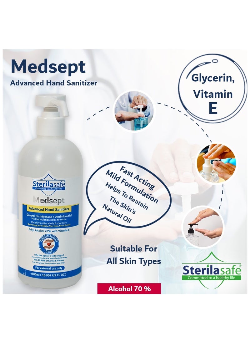 Sterilasafe Sterilasafe MedSept Advanced Hand Sanitizer Ethanol Alcohol Refreshing gel 70%, with Vitamin E, General disinfectant/antimicrobial, Personal Hygiene, 500 ML  - Image 3
