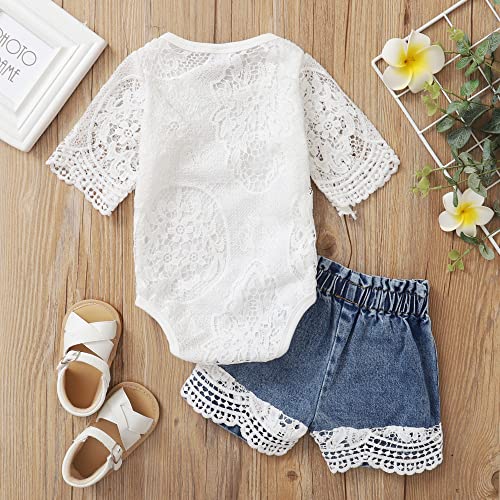 Yvowming Baby Girl Clothes Outfits Toddler Infant Baby Romper Top+Jeans Clothing Set (White 2, 0-3 Months) - Image 3