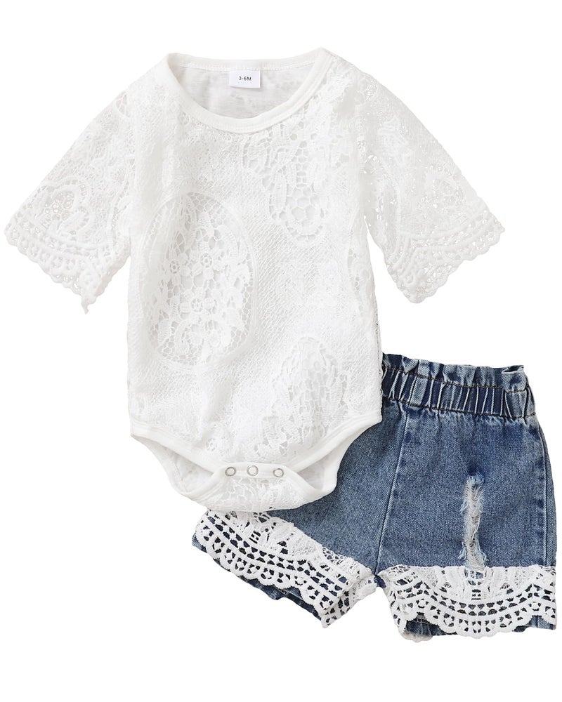 Yvowming Baby Girl Clothes Outfits Toddler Infant Baby Romper Top+Jeans Clothing Set (White 2, 0-3 Months) - Image 1
