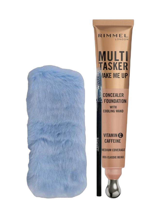 ريميل لندن فاونديشن وكونسيلر مالتي تاسكر ويك مي أب - 55 كلاسيك بيج، 20 مل + عصابة رأس زرقاء وفرشاة حواجب - Image 1